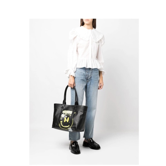 Ganni Smiley Face Print Canvas Tote Bag in Black - Picture 2 of 6